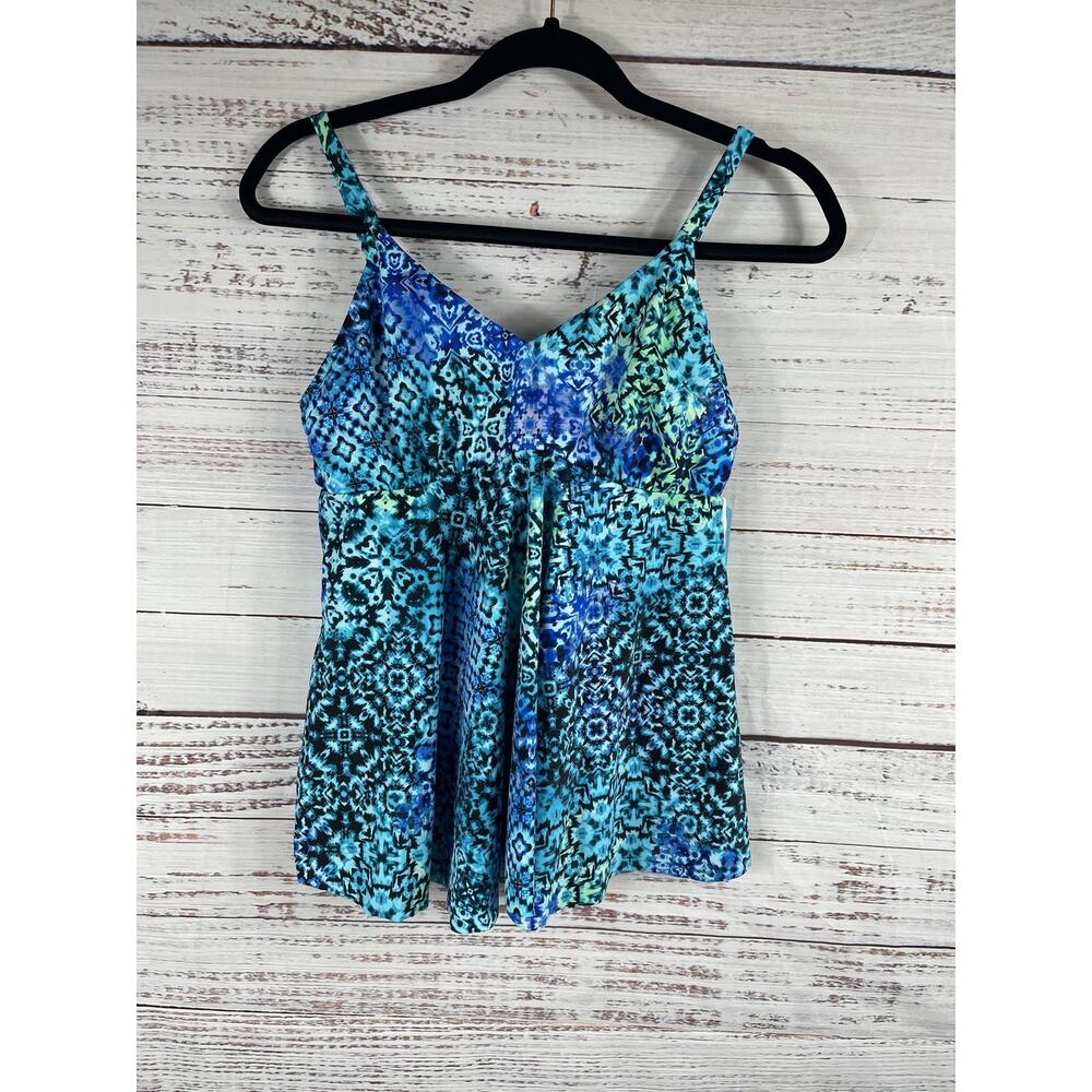 Swim Solutions Tankini Top Womens 10 V Neck Underwire Patterned Swimwear Bathing